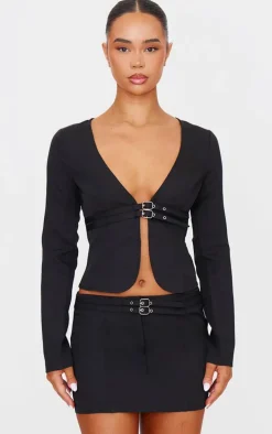 Black Tailored Woven Buckle Detail Long Sleeve Top