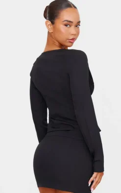 Black Tailored Woven Buckle Detail Long Sleeve Top