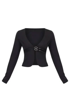 Black Tailored Woven Buckle Detail Long Sleeve Top