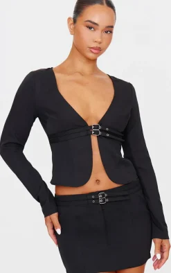 Black Tailored Woven Buckle Detail Low Rise Mini Skirt