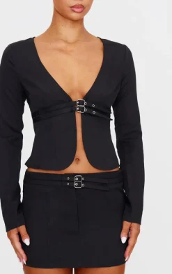 Black Tailored Woven Buckle Detail Low Rise Mini Skirt