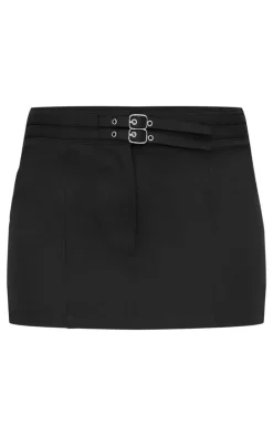Black Tailored Woven Buckle Detail Low Rise Mini Skirt