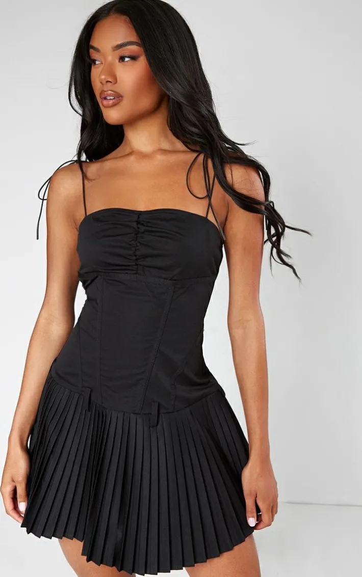 Black Tailored Woven Corset Pleated Shift Dress