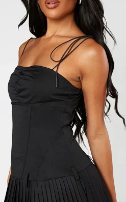 Black Tailored Woven Corset Pleated Shift Dress