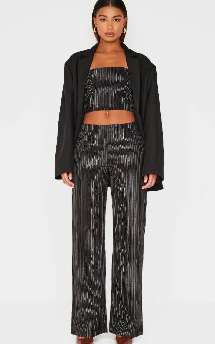 Black Tailored Woven Glitter Pinstripe Wide Leg Pants