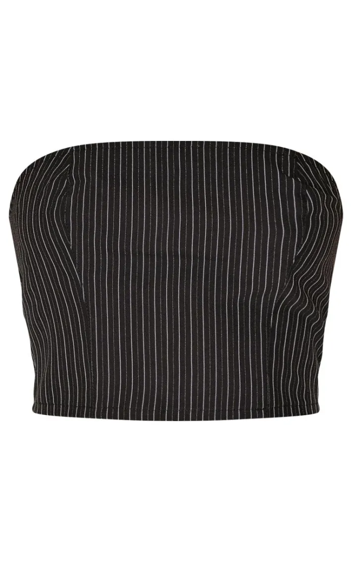 Black Tailored Woven Glitter Pinstripe Bandeau Top
