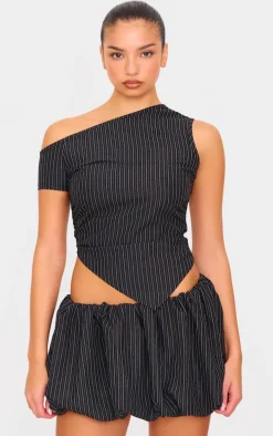 Black Tailored Woven Glitter Pinstripe Asymmetric Top