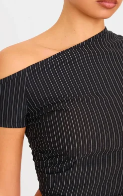 Black Tailored Woven Glitter Pinstripe Asymmetric Top