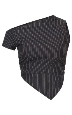 Black Tailored Woven Glitter Pinstripe Asymmetric Top