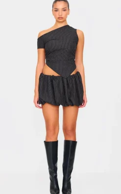 Black Tailored Woven Glitter Pinstripe Puffball Skirt