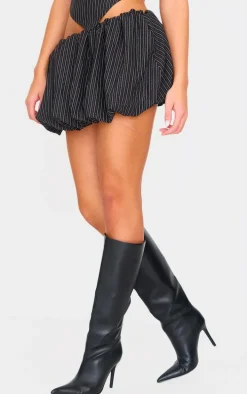 Black Tailored Woven Glitter Pinstripe Puffball Skirt