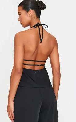 Black Tailored Woven Open Back Long Line Top