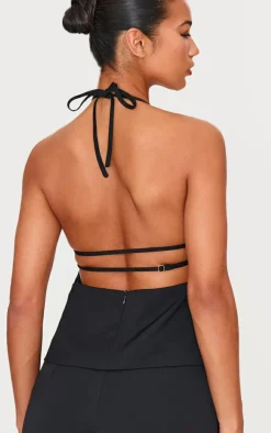Black Tailored Woven Open Back Long Line Top