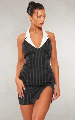 Black Tailored Woven Pin Stripe Contrast Collar Bodycon Dress