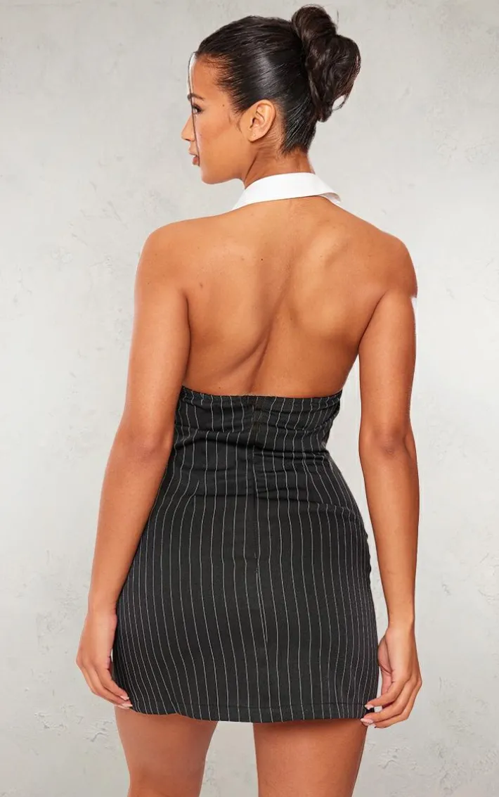 Black Tailored Woven Pin Stripe Contrast Collar Bodycon Dress