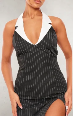 Black Tailored Woven Pin Stripe Contrast Collar Bodycon Dress