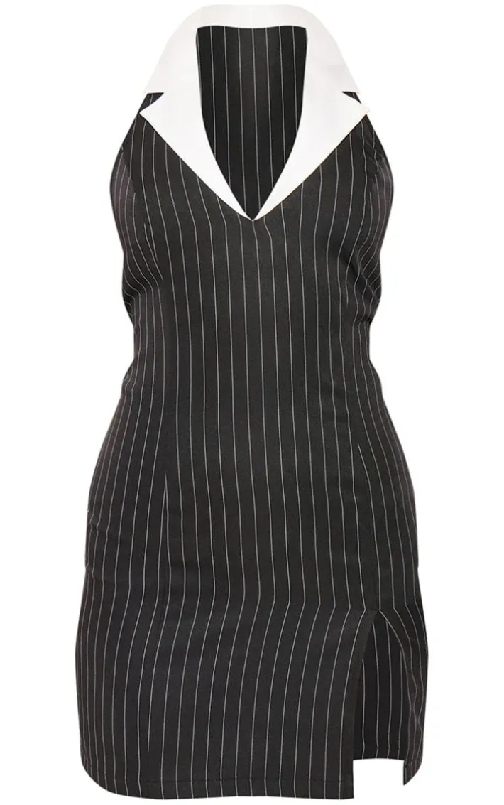 Black Tailored Woven Pin Stripe Contrast Collar Bodycon Dress