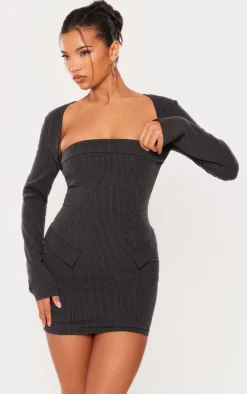 Black Tailored Woven Pinstripe Pocket Bodycon Dress