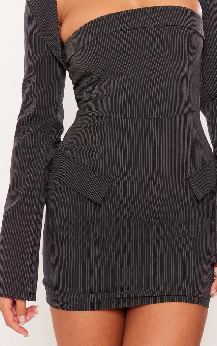 Black Tailored Woven Pinstripe Pocket Bodycon Dress