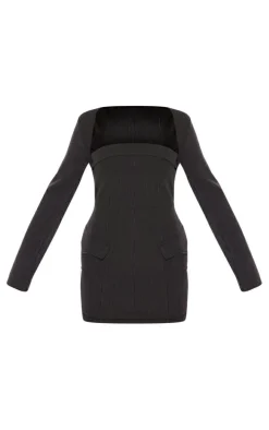 Black Tailored Woven Pinstripe Pocket Bodycon Dress