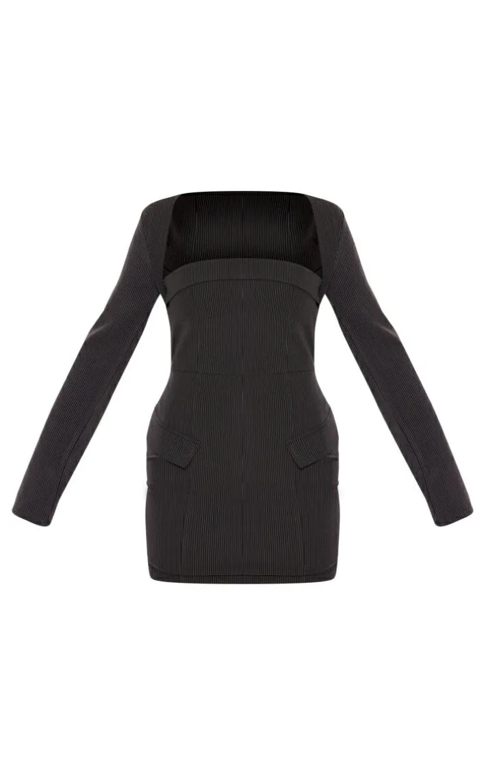 Black Tailored Woven Pinstripe Pocket Bodycon Dress