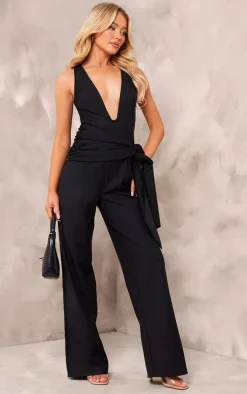 Black Tailored Woven Plunge Wrap Belt Jumpsuit