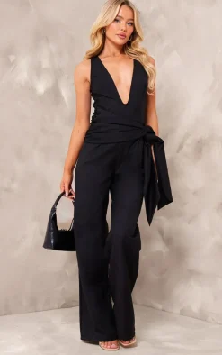 Black Tailored Woven Plunge Wrap Belt Jumpsuit