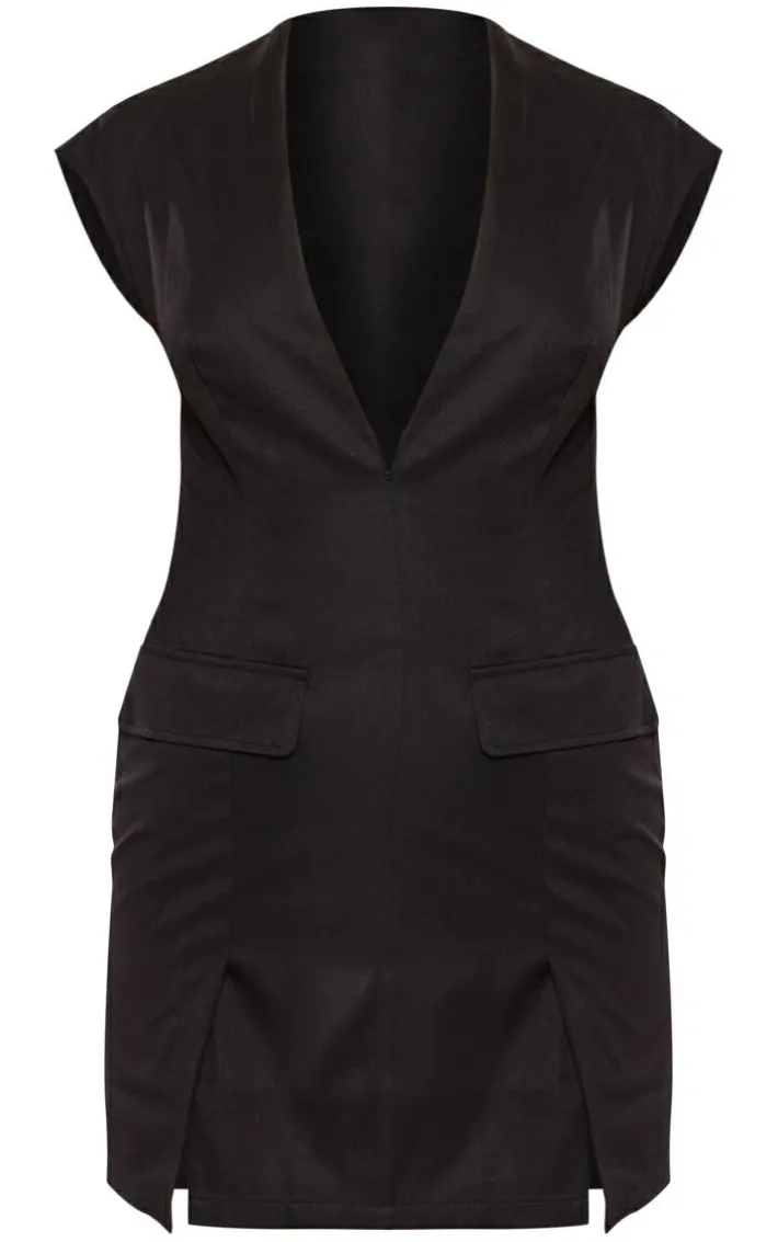 Black Tailored Woven Pocket Plunge Shift Dress