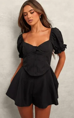 Black Tailored Woven Puff Sleeve Corset Romper