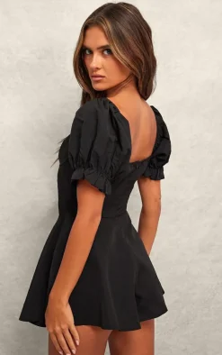 Black Tailored Woven Puff Sleeve Corset Romper
