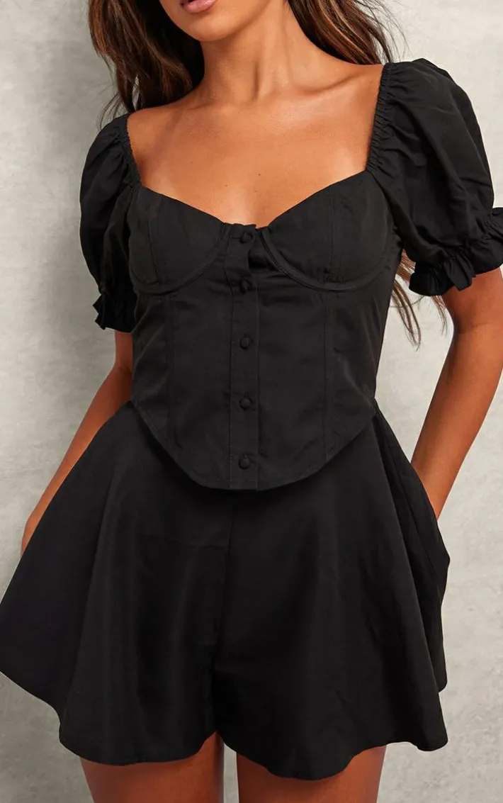 Black Tailored Woven Puff Sleeve Corset Romper