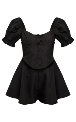 Black Tailored Woven Puff Sleeve Corset Romper