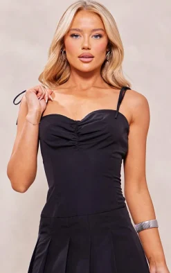 Black Tailored Woven Ruched Pleated Shift Dress