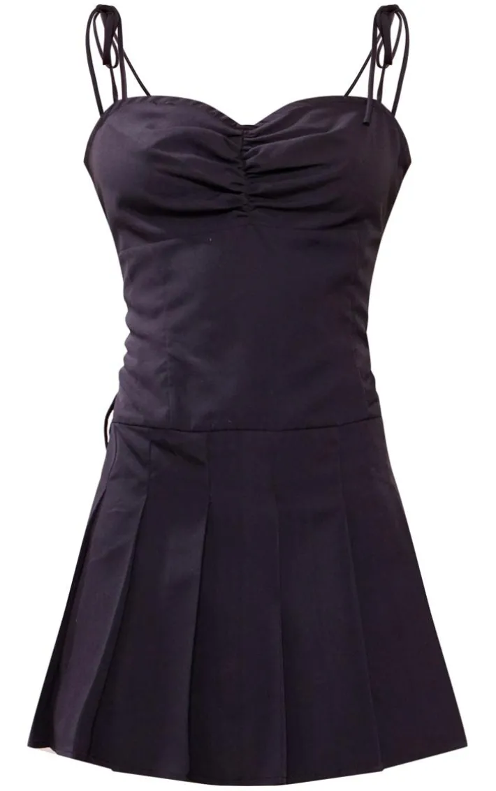 Black Tailored Woven Ruched Pleated Shift Dress