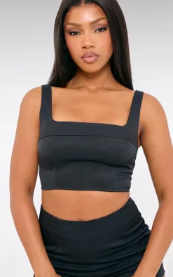 Black Tailored Woven Seam Detail Straight Neck Crop Top