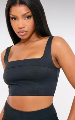 Black Tailored Woven Seam Detail Straight Neck Crop Top