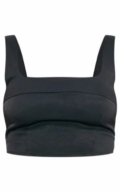 Black Tailored Woven Seam Detail Straight Neck Crop Top