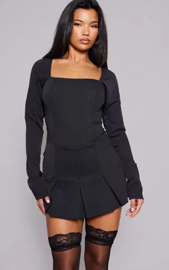 Black Tailored Woven Square Neck Pleated Skort Romper