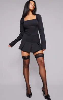 Black Tailored Woven Square Neck Pleated Skort Romper