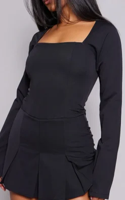 Black Tailored Woven Square Neck Pleated Skort Romper