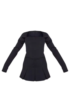 Black Tailored Woven Square Neck Pleated Skort Romper