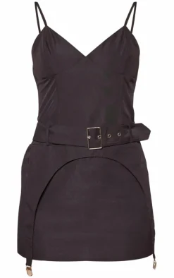 Black Tailored Woven Stirrup Detail Bodycon Dress