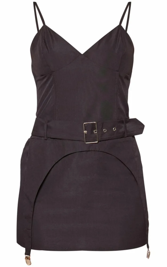 Black Tailored Woven Stirrup Detail Bodycon Dress