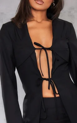 Black Tailored Woven Tie Front Longline Blazer
