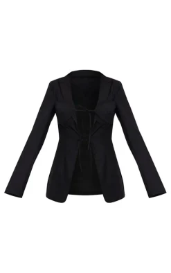 Black Tailored Woven Tie Front Longline Blazer
