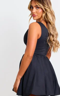 Black Tailored Woven V Neck Puffball Mini Dress