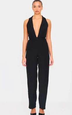 Black Tailored Woven Vest Lace Up Detail Jumpsuit