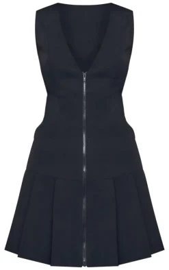 Black Tailored Woven Zip Pleated Shift Dress