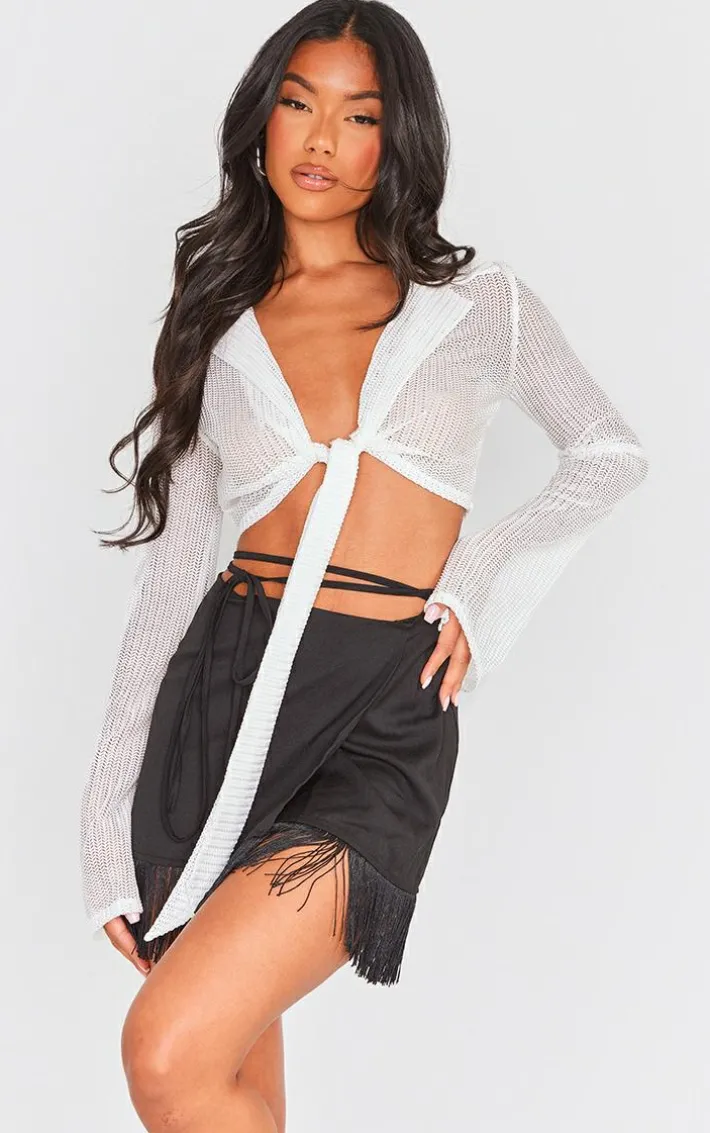 Black Tassel Hem Wrap Mini Skirt