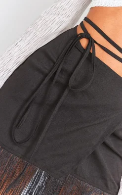 Black Tassel Hem Wrap Mini Skirt